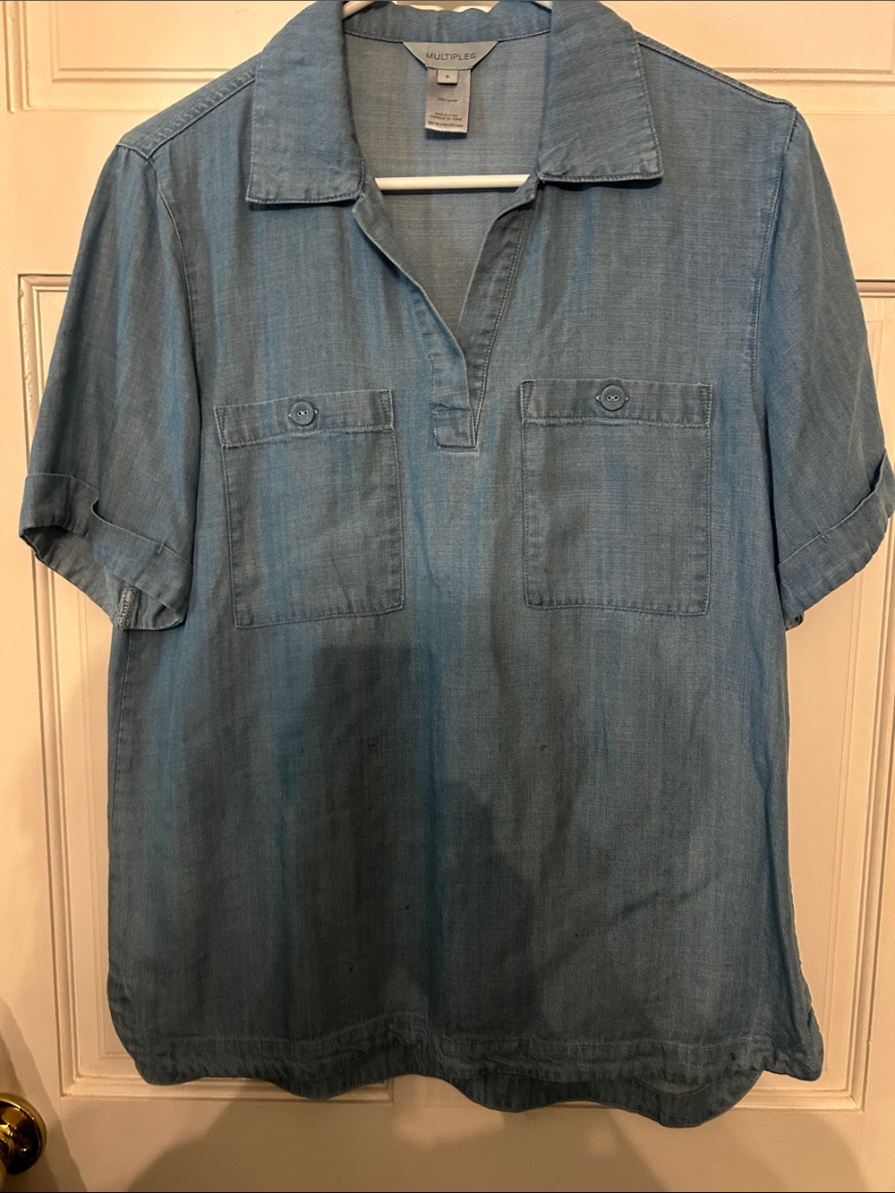 Multiples Light Blue Denim-Style Short-Sleeve Pullover Shirt size. small EUC